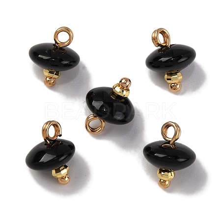 Natural Black Agate Dyed & Heated Saucer Charms with Rack Plating Golden Tone Brass Bails KK-B103-17A-11-1