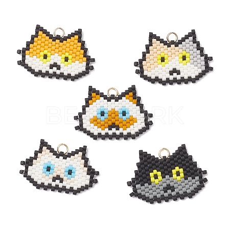 5Pcs 5 Colors Handmade Glass Seed Beaded Cat Head Shape Pendants PALLOY-MZ00933-1
