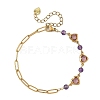 Gemstone Round & Stainless Steel Glass Heart Link Chain Bracelets with Paperclip Chains BJEW-JB14233-4