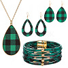 Tartan Pattern Imitation Leather Teardrop Pendant Necklace & Dangle Earrings & Multi-Strand Bracelet JX529C-1