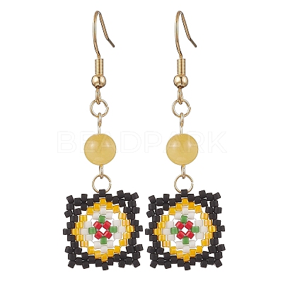 Handmade Glass Seed Beaded Window Lattice Pattern Dangle Earrings EJEW-MZ00560-04-1