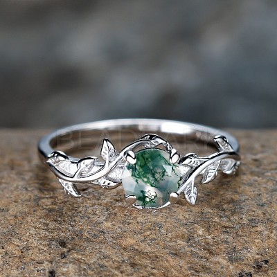 Oval & Leaf 925 Sterling Silver with Moss Agate Finger Rings FS-WGF1EFD-02-1