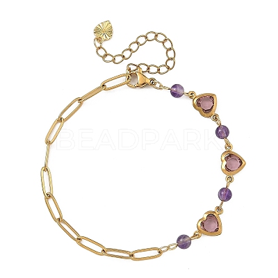 Gemstone Round & Stainless Steel Glass Heart Link Chain Bracelets with Paperclip Chains BJEW-JB14233-1