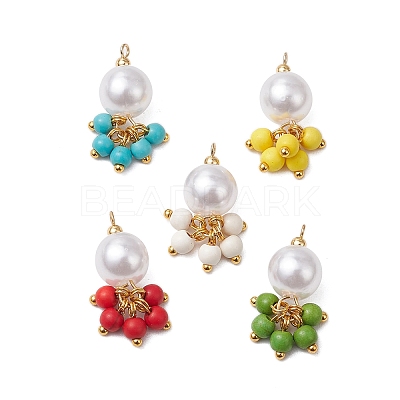 5Pcs 5 Colors ABS Plastic Imitation Pearl Round & Dyed Synthetic Turquoise Tassel Pendants PALLOY-JF03515-1