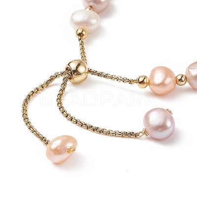 Dyed Natural Pearl & Brass Round Beaded Slider Bracelet BJEW-JB09008-02-1