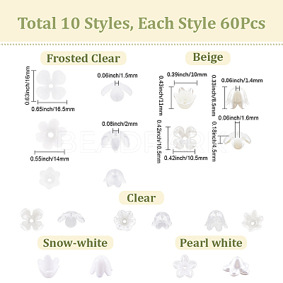 600Pcs 10 Styles ABS Plastic Imitation Pearl & Acrylic Bead Caps OACR-SC0002-34-1