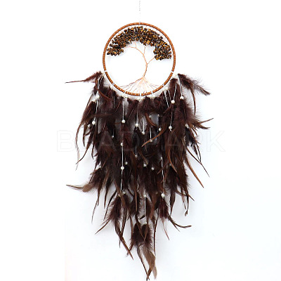 Tree of Life Wrapped Natural Tiger Eye Chips Woven Web/Net with Feather Decorations PW-WG91800-02-1