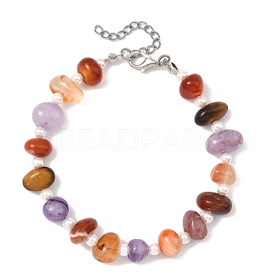 Natural Mixed Gemstone Nuggets & Shell Pearl Round Beaded Bracelets for Women BJEW-JB13956-1