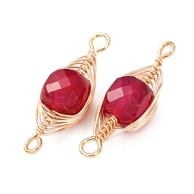 Natural Red Corundum Faceted Cube Links Connector Charms with Copper Herringbone Wire-Wrapped KK-Z152-06G-02A-1