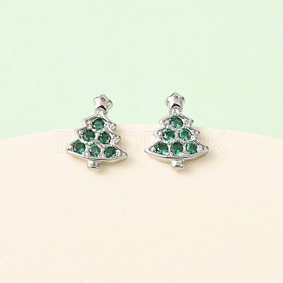 Brass Micro Pave Cubic Zirconia Charistmas Tree Stud Earrings EJEW-L278-09P-1