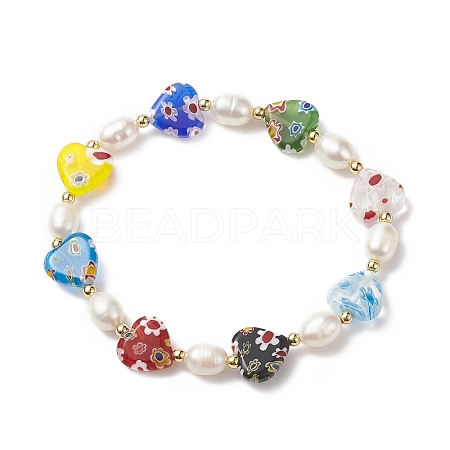 Millefiori Glass Heart & Natural Pearl Beaded Stretch Bracelet for Women BJEW-JB09139-1