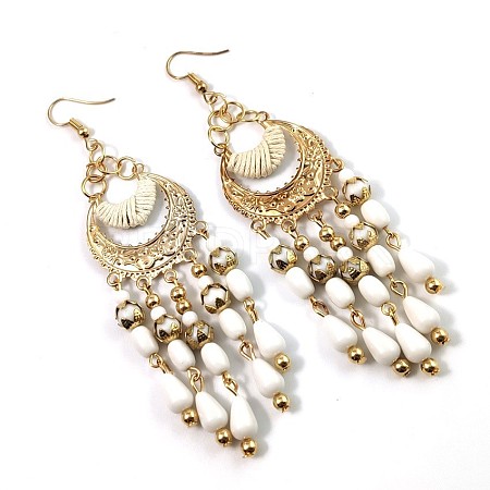 Bohemian Style Alloy Resin Moon with Teardrop Tassel Dangle Earrings FS-WG624F3-01-1