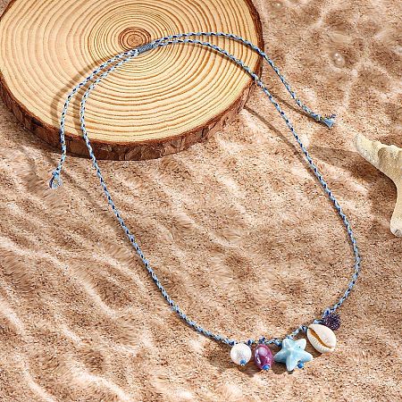 Summer Beach Porcelain Fish & Natural Cowrie Shell Pendant Cotton Cord Adjustable Necklaces FS-WG63638-02-1