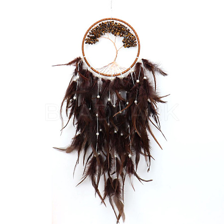 Tree of Life Wrapped Natural Tiger Eye Chips Woven Web/Net with Feather Decorations PW-WG91800-02-1