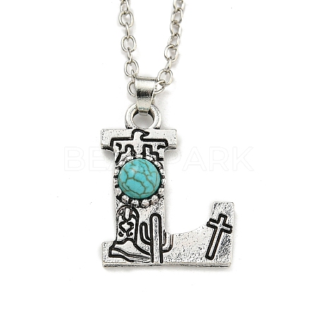 Letter A~Z Antique Silver Plated Alloy with Synthetic Turquoise Pendant Necklaces NJEW-G080-01L-1