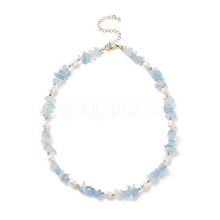 Natural Aquamarine Chips & Pearl Beaded Necklace NJEW-JN04008-04-1