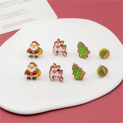4 Pairs Santa Claus & Deer & Christmas Tree Printed Wood Stud Earrings EJEW-OY001-05-1