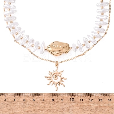 CCB Plastic Sun Pendant Alloy & Imitation Baroque Keshi Pearl Double Layer Necklaces for Women NJEW-Z116-01G-1