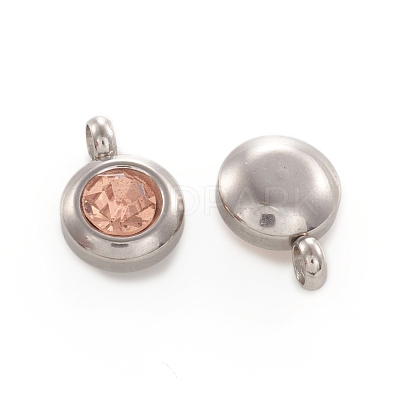 Trendy Original Color 304 Stainless Steel Faceted Grade A Rhinestone Flat Round Charms Pendants RB-N030-01P-1