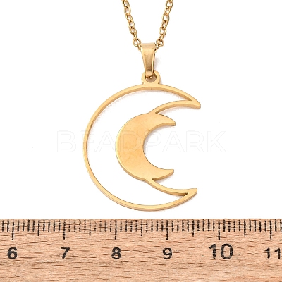 304 Stainless Steel Double Hollow Moon Pendant Cable Chain Necklaces for Men Women NJEW-K308-01E-G-1