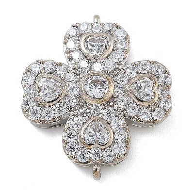 Rack Plating Brass Clear Cubic Zirconia Clover Connector Charms KK-A234-037P-1