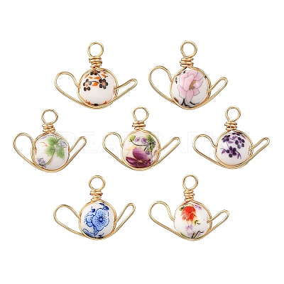 Handmade Flower Printed Porcelain Ceramic Pendants PALLOY-JF04480-1