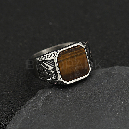 304 Stainless Steel with Natural Tiger Eye Finger Rings FS-WG06E27-20-1