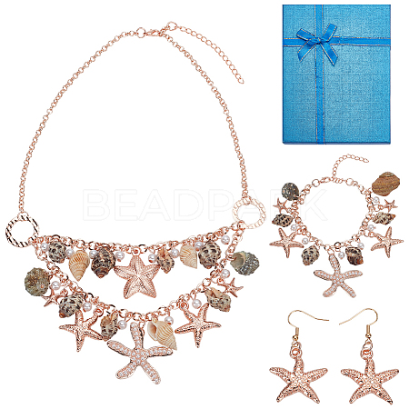   1 Set Iron Starfish & Natural Shell & Plastic Pearl Charm Bracelet & Dangle Earrings & Bib Necklaces Set SJEW-PH0001-15-1