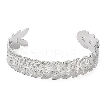304 Stainless Steel Leafy Branch Cuff Bangle for Women BJEW-D061-06P-1