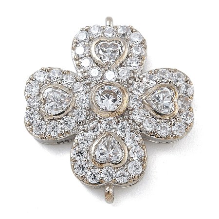 Rack Plating Brass Clear Cubic Zirconia Clover Connector Charms KK-A234-037P-1
