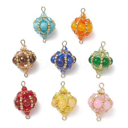 Synthetic Turquoise & Natural Carnelian & Yellow Jade & Malaysia Jade & Tiger Eye Round and Glass Seed Beaded Lantern Links Connector Charms PALLOY-MZ01176-1