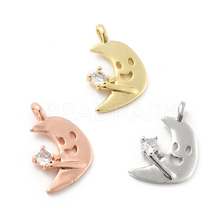 Moon with Smiling Face Brass Micro Pave Clear Cubic Zirconia Pendants KK-G425-07-1