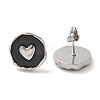 304 Stainless Steel Flat Round with Heart Stud Earrings EJEW-C114-15P-01-1