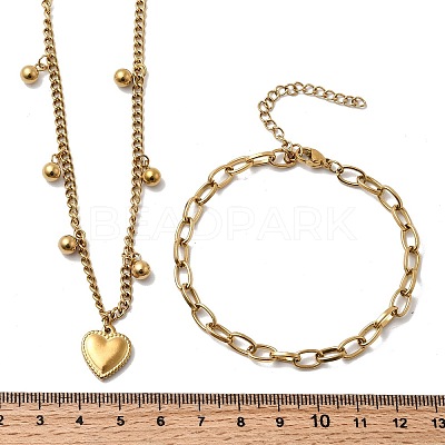 Heart 304 Stainless Steel Double Necklaces & Bracelets Sets for Women SJEW-F226-03G-1