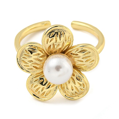Flower ABS Plastic Imitation Pearl Beaded Open Cuff Ring RJEW-P106-01G-1