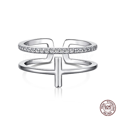Rhodium Plated 925 Sterling Silver Cross Open Cuff Rings with Cubic Zirconia RJEW-F150-51P-1