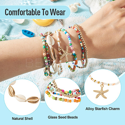 2 Bags Summer Beach Glass Seed Beaded & Natural Shell & Alloy Starfish Charm Anklet Sets AJEW-TA0003-69A-1