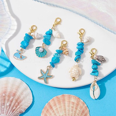 5Pcs 5 Styles Alloy Enamel & Shell Pendant Decoraiton HJEW-JM01656-1