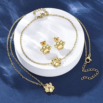 Dog Paw Print 304 Stainless Steel Pendant Necklaces & Bracelets & Stud Earrings Sets for Women SJEW-C004-20G-1