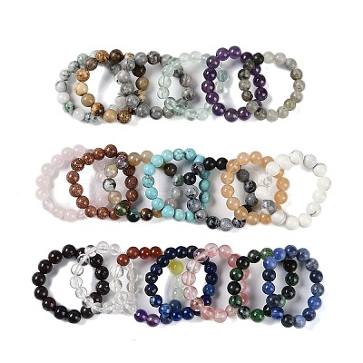 Round Natural & Synthetic Gemstone Beads Stretch Rings for Unisex G-C140-04-1