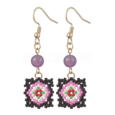 Handmade Glass Seed Beaded Window Lattice Pattern Dangle Earrings EJEW-MZ00560-1