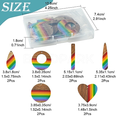 12Pcs 6 Styles Pride Rainbow Theme Resin & Walnut Wood Pendants WOOD-FS0001-32-1