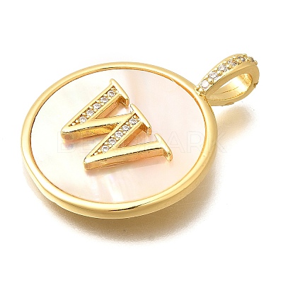 Rack Plating Brass Micro Pave Clear Cubic Zirconia Pendants with Shell KK-M309-42G-W-1