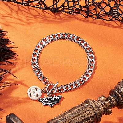 Halloween Alloy Enamel Bat and Dyed Synthetic Turquoise Pumpkin Charm 304 Stainless Steel Bracelet Sets BJEW-JB12446-02-1
