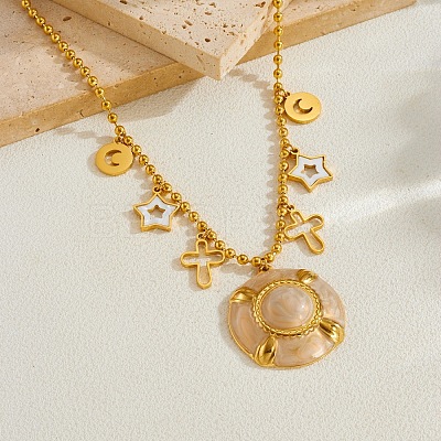 304 Stainless Steel Enamel Flat Round Cross Star Pendant Necklaces for Women NJEW-F380-02G-1