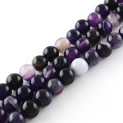 Dyed Natural Striped Agate/Banded Agate Round Bead Strands G-R342-6mm-03-1