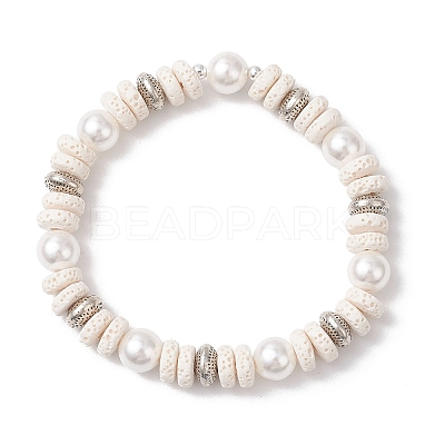 Flat Round Natural Lava Rock & Shell Pearl Beaded Stretch Bracelets for Women BJEW-JB12140-02-1