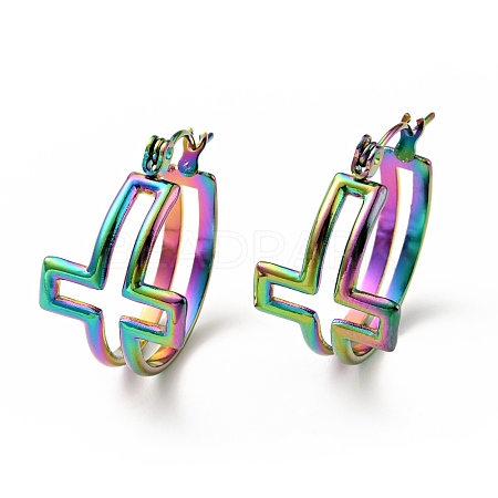 Ion Plating(IP) Rainbow Color 304 Stainless Steel Cross Hoop Earrings for Women EJEW-G293-02M-1