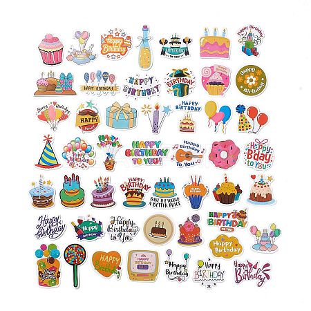 50Pcs 50 Styles Birthday Theme Cartoon Paper Sticker Label Set STIC-P004-15-1