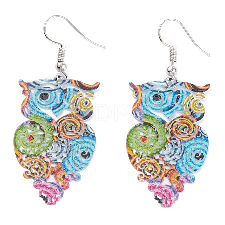 Spray Painted Stainless Steel Owl Dangle Earrings EJEW-I256-12P-1